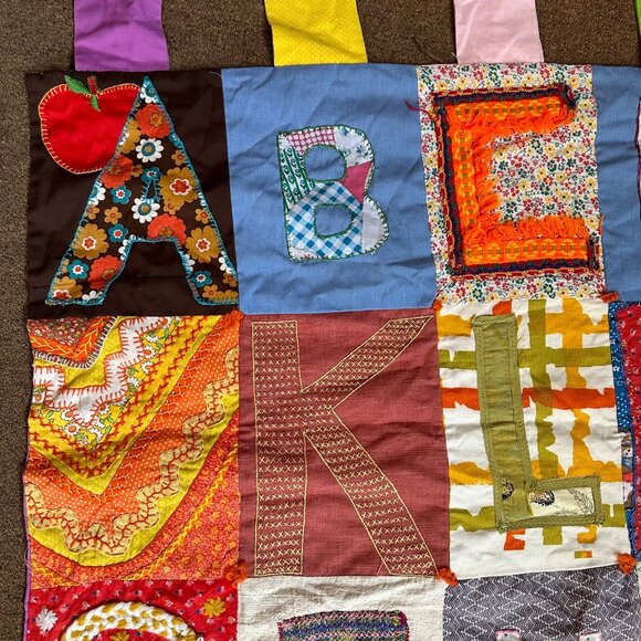 Vintage Alphabet Quilted Folk Art Patchwork Handmade 73"x40" One of a KInd Wall - Picture 4 of 14